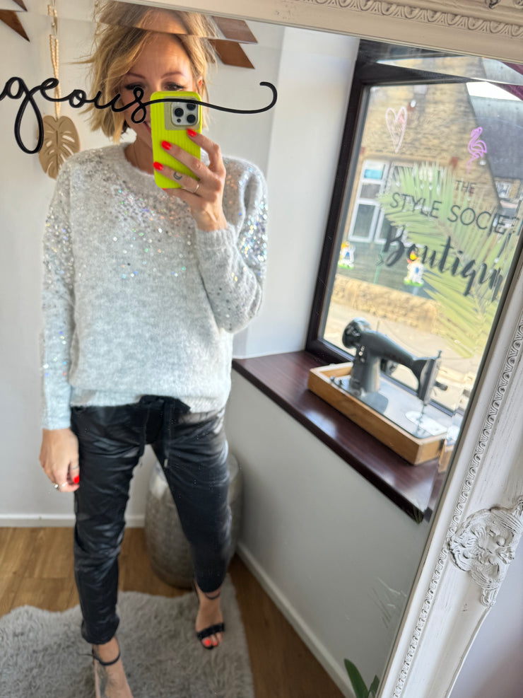 SEQUIN SPRAY JUMPER IN GREY