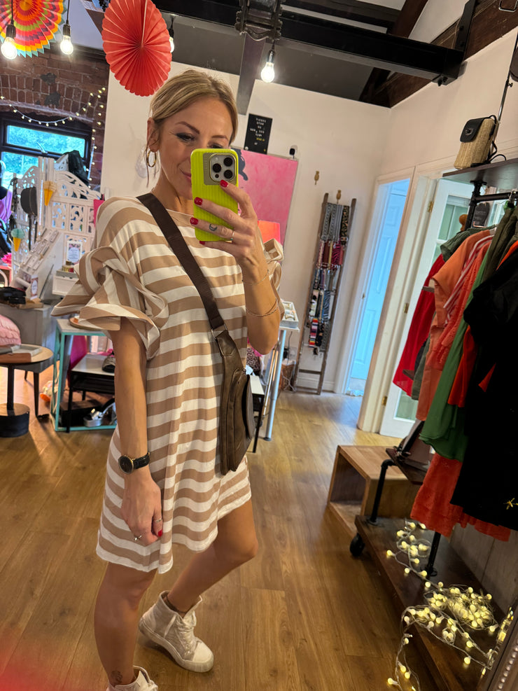 STRIPE T-SHIRT DRESS WITH SLEEVE DETAIL IN TAN