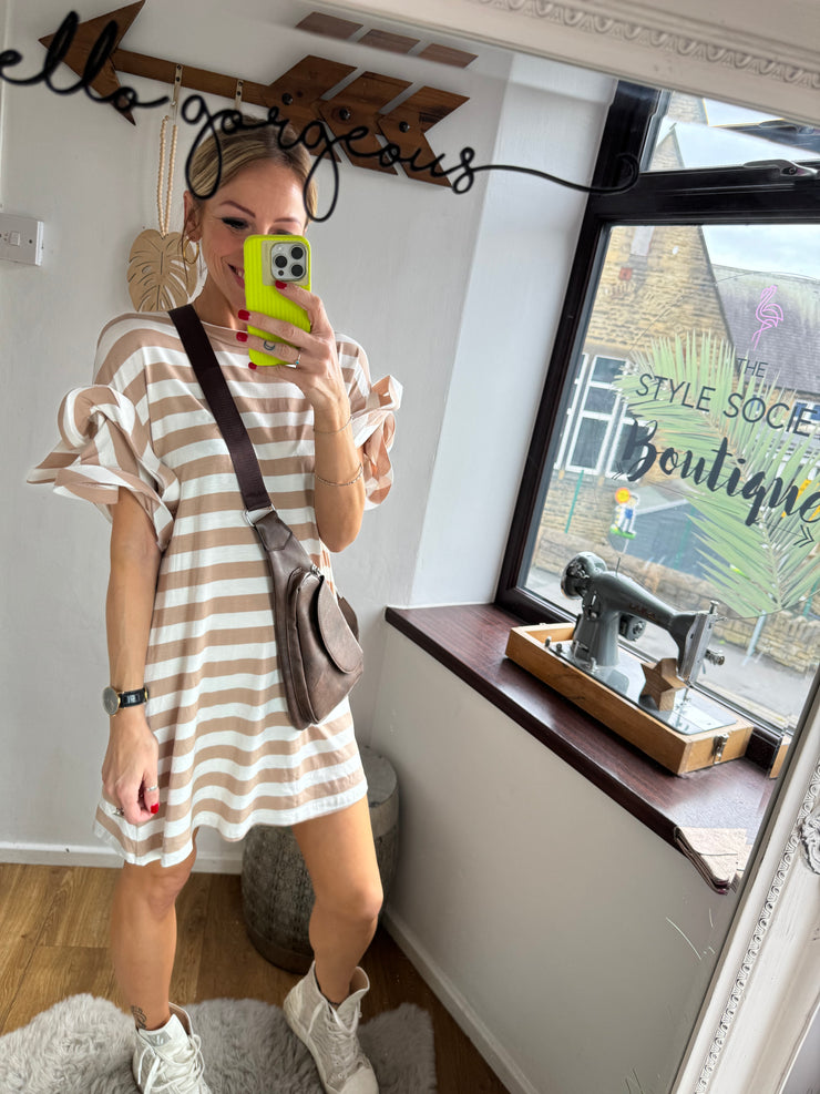 STRIPE T-SHIRT DRESS WITH SLEEVE DETAIL IN TAN