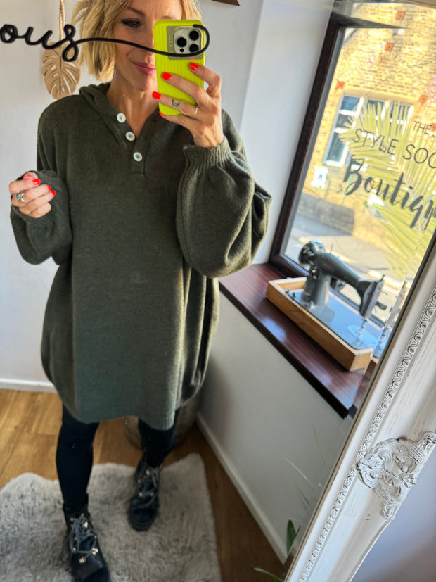 OVERSIZED BUTTON NECK KNITTED HOODY -  The Style Society Boutique 