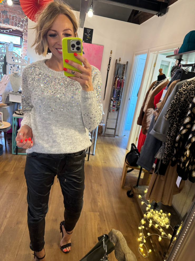 SEQUIN SPRAY JUMPER IN GREY