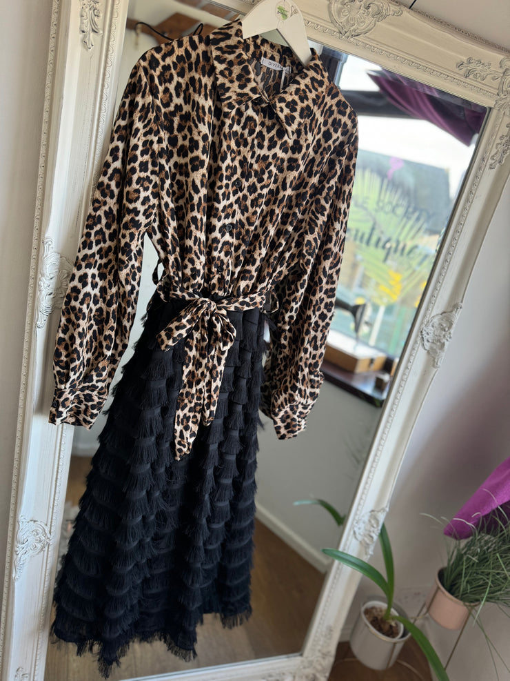 FRINGED LEOPARD PRINT 2-IN-1 DRESS