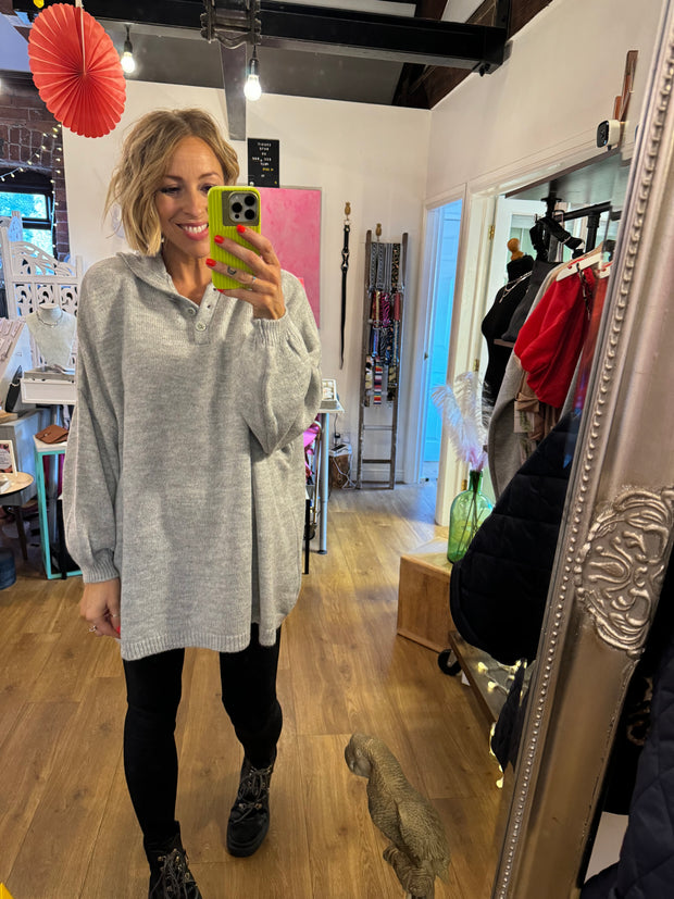 OVERSIZED BUTTON NECK KNITTED HOODY -  The Style Society Boutique 