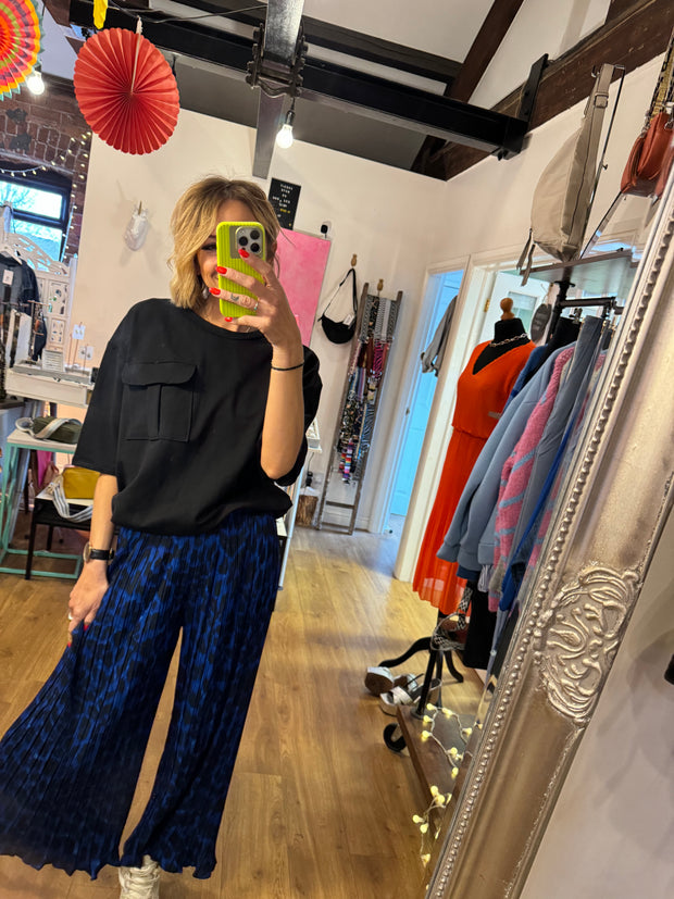 BLUE LEOPARD PLEATED TROUSER -  The Style Society Boutique 
