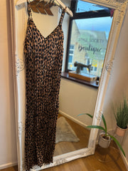 PLEATED ANIMAL PRINT SATIN MAXI DRESS