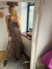 PLEATED ANIMAL PRINT SATIN MAXI DRESS