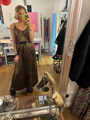 PLEATED ANIMAL PRINT SATIN MAXI DRESS