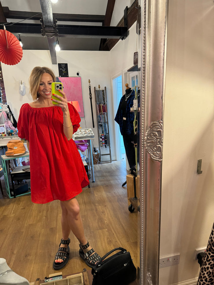 LINEN TRAPEZE DRESS IN RED -  The Style Society Boutique 