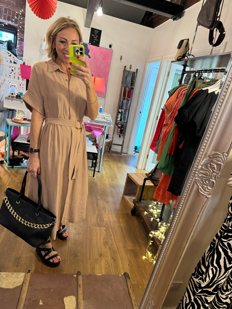 ESSENTIAL SHIRT DRESS WITH BELT IN CAMEL -  The Style Society Boutique 