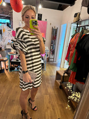 STRIPE T-SHIRT DRESS WITH SLEEVE DETAIL IN KHAKI -  The Style Society Boutique 