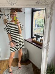 STRIPE T-SHIRT DRESS WITH SLEEVE DETAIL IN KHAKI