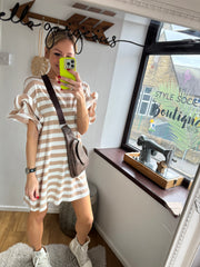 STRIPE T-SHIRT DRESS WITH SLEEVE DETAIL IN KHAKI -  The Style Society Boutique 