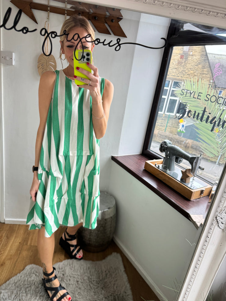 GATHERED STRIPE TRAPEZE SUNDRESS -  The Style Society Boutique 