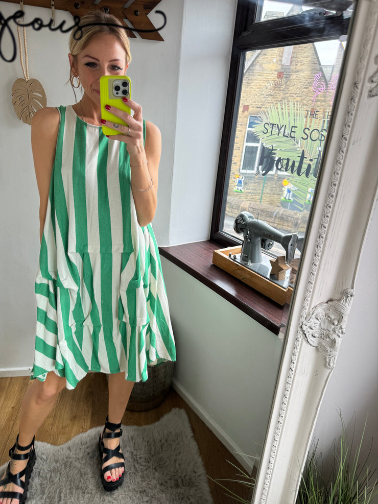 GATHERED STRIPE TRAPEZE SUNDRESS