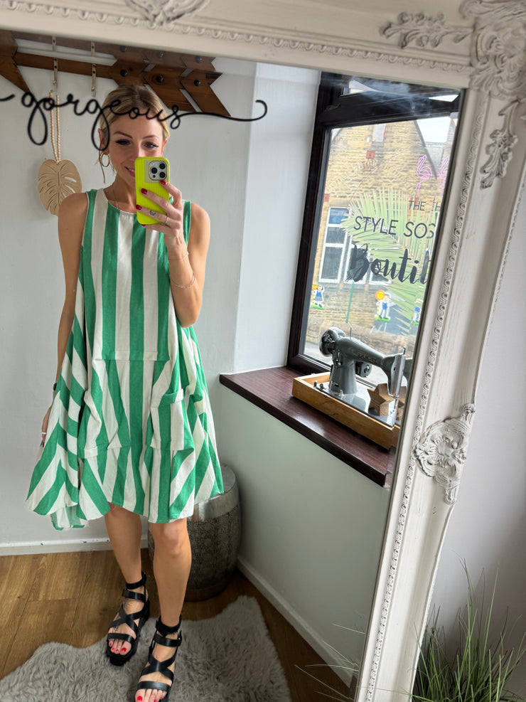 GATHERED STRIPE TRAPEZE SUNDRESS